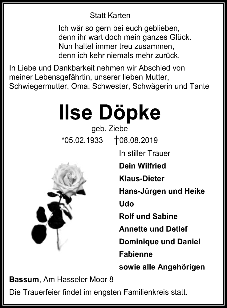  Traueranzeige für Ilse Döpke vom 12.08.2019 aus SYK
