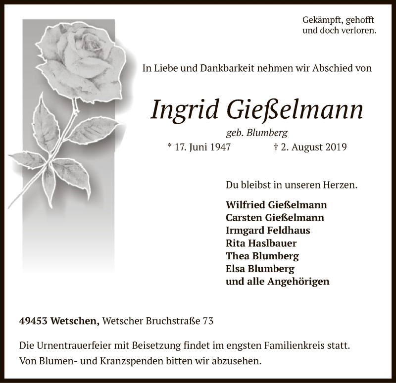  Traueranzeige für Ingrid Gießelmann vom 06.08.2019 aus SYK