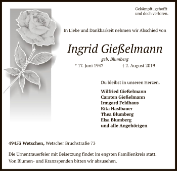 Traueranzeige von Ingrid Gießelmann von SYK