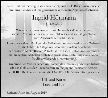 Traueranzeige von Ingrid Hörmann von SYK