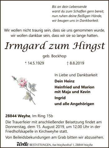 Traueranzeige von Irmgard zum Hingst von SYK