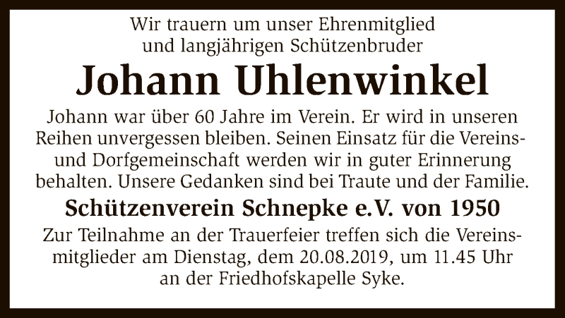  Traueranzeige für Johann Uhlenwinkel vom 15.08.2019 aus SYK