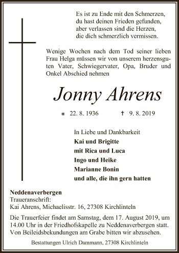 Traueranzeige von Jonny Ahrens von SYK