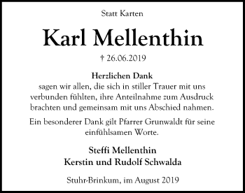 Traueranzeige von Karl Mellenthin von SYK