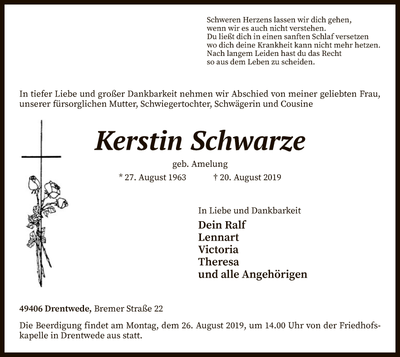 Traueranzeige für Kerstin Schwarze vom 23.08.2019 aus SYK