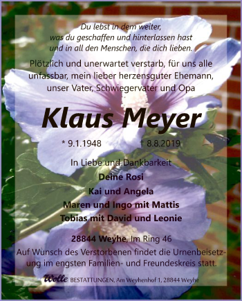 Traueranzeige von Klaus Meyer von SYK