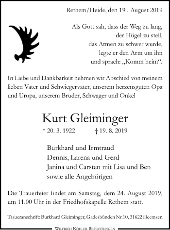 Traueranzeige von Kurt Gleiminger von SYK