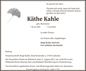 Traueranzeige von Käthe Kahle von SYK