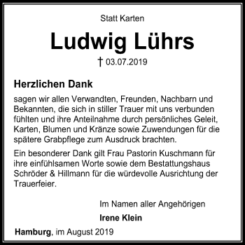 Traueranzeige von Ludwig Lührs von SYK