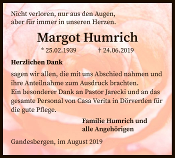 Traueranzeige von Margot Humrich von SYK