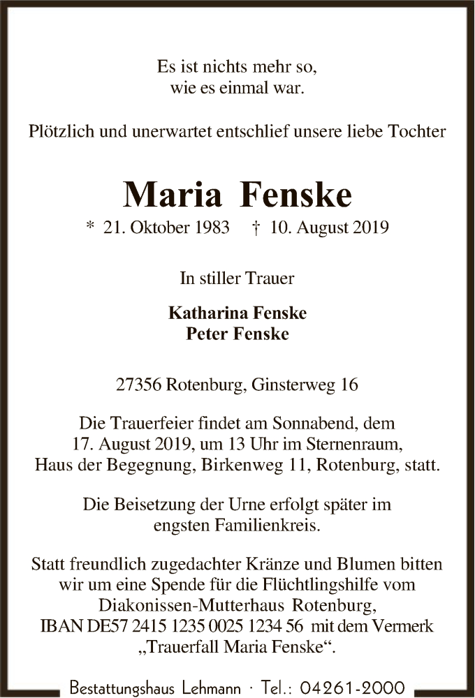  Traueranzeige für Maria Fenske vom 14.08.2019 aus SYK