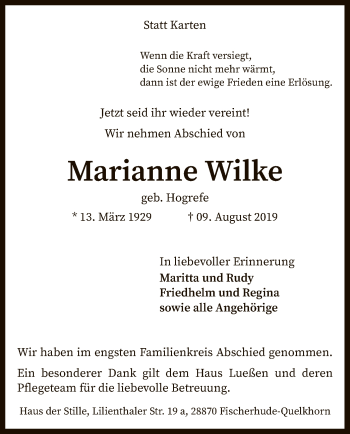 Traueranzeige von Marianne Wilke von SYK