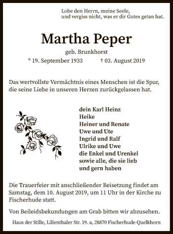 Traueranzeige von Martha Peper von SYK