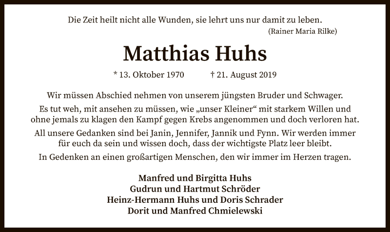  Traueranzeige für Matthias Huhs vom 24.08.2019 aus SYK