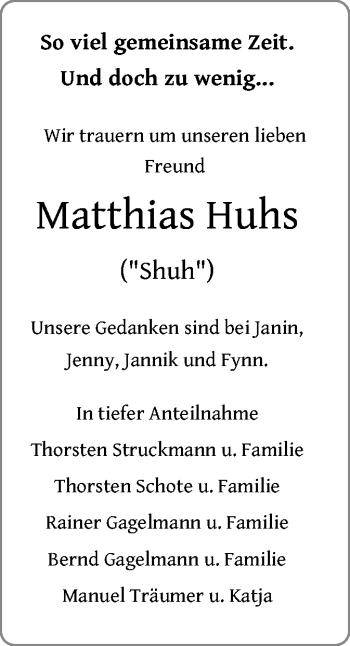 Traueranzeige von Matthias Huhs von SYK