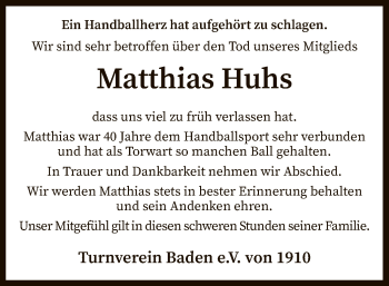 Traueranzeige von Matthias Huhs von SYK