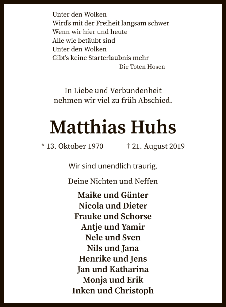  Traueranzeige für Matthias Huhs vom 24.08.2019 aus SYK