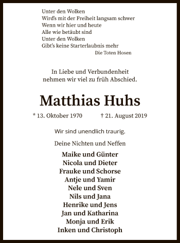 Traueranzeige von Matthias Huhs von SYK