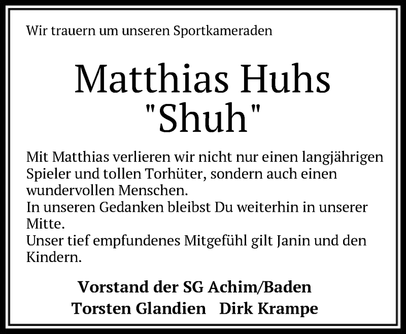  Traueranzeige für Matthias Huhs vom 24.08.2019 aus SYK