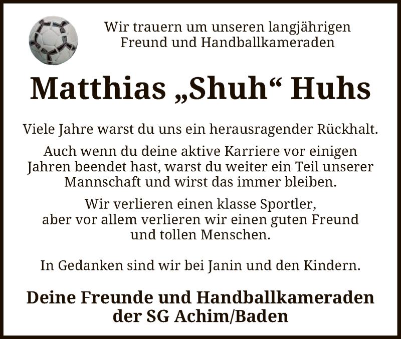  Traueranzeige für Matthias  Huhs vom 24.08.2019 aus SYK