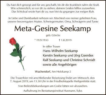 Traueranzeige von Meta-Gesine Seekamp von SYK