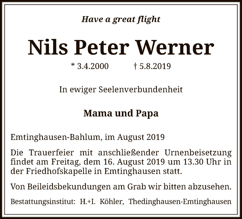  Traueranzeige für Nils Peter Werner vom 13.08.2019 aus SYK