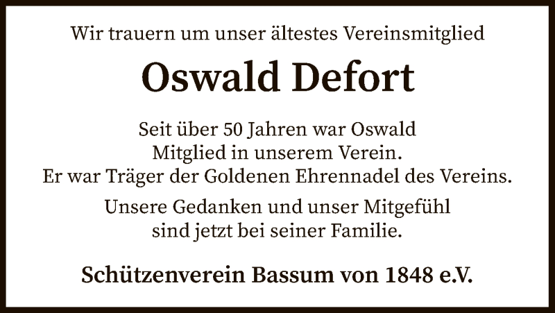  Traueranzeige für Oswald Defort vom 09.08.2019 aus SYK