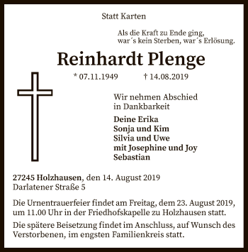 Traueranzeige von Reinhardt Plenge von SYK