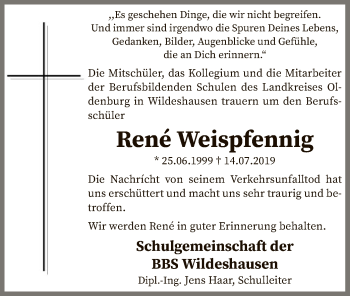 Traueranzeige von Rene Weispfennig von SYK