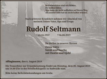 Traueranzeige von Rudolf Seltmann von SYK