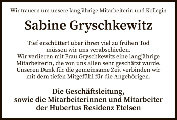 Traueranzeige von Sabine Gryschkewitz von SYK