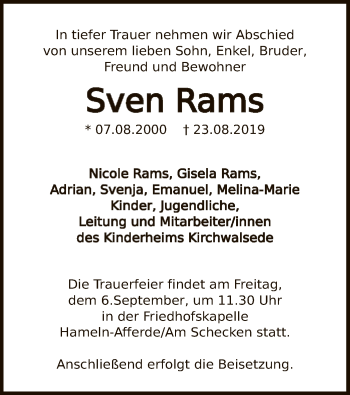 Traueranzeige von Sven Rams von SYK