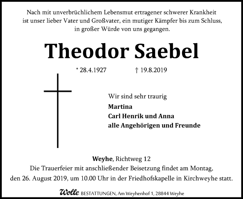  Traueranzeige für Theodor Saebel vom 22.08.2019 aus SYK
