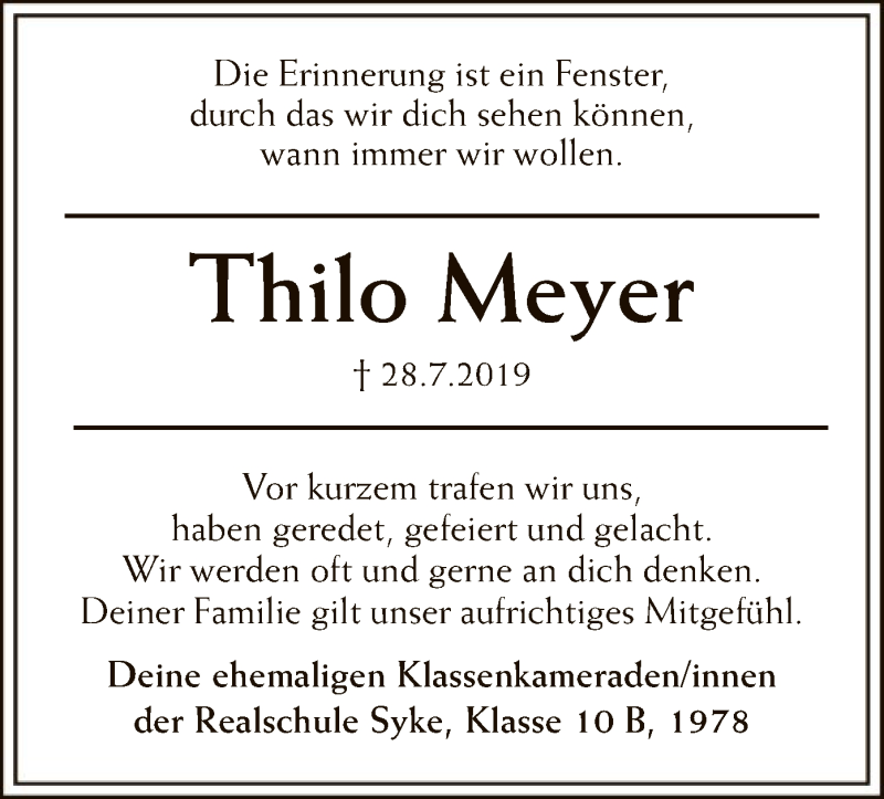 Traueranzeige für Thilo Meyer vom 03.08.2019 aus SYK