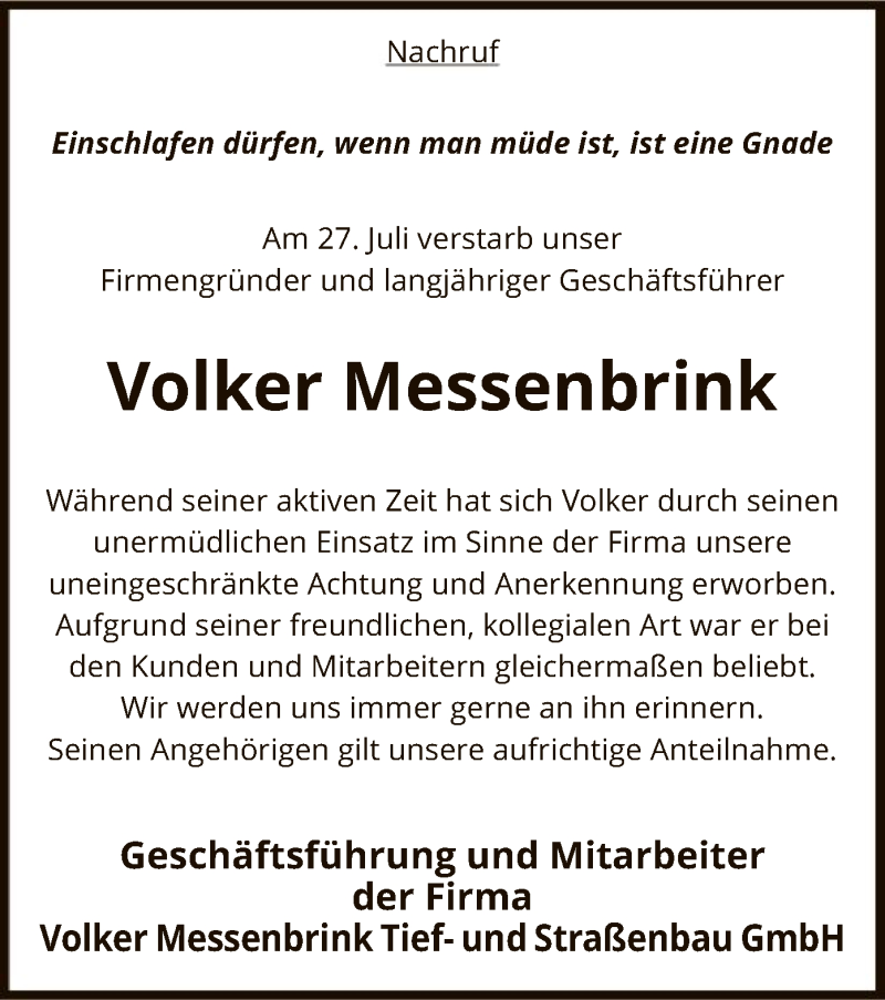  Traueranzeige für Volker Messenbrink vom 10.08.2019 aus SYK