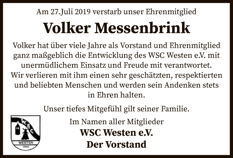  Traueranzeige für Volker Messenbrink vom 06.08.2019 aus SYK