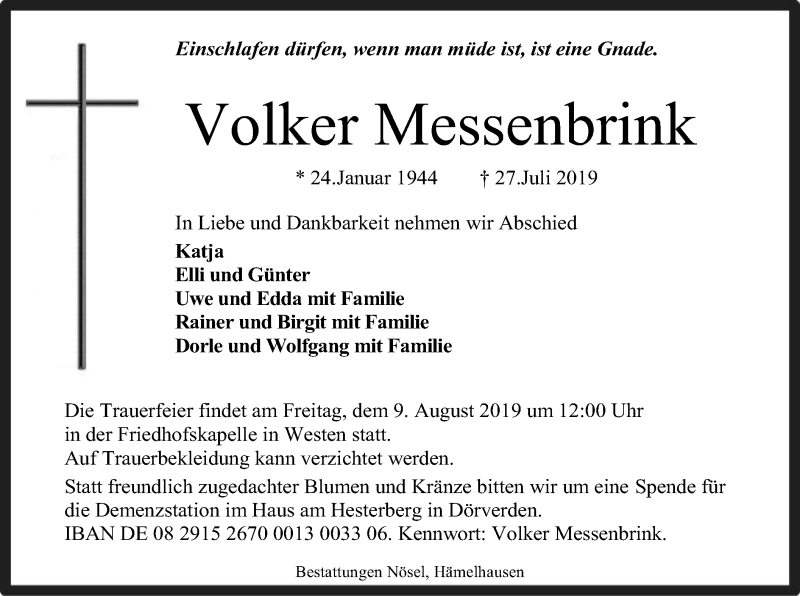  Traueranzeige für Volker Messenbrink vom 02.08.2019 aus SYK