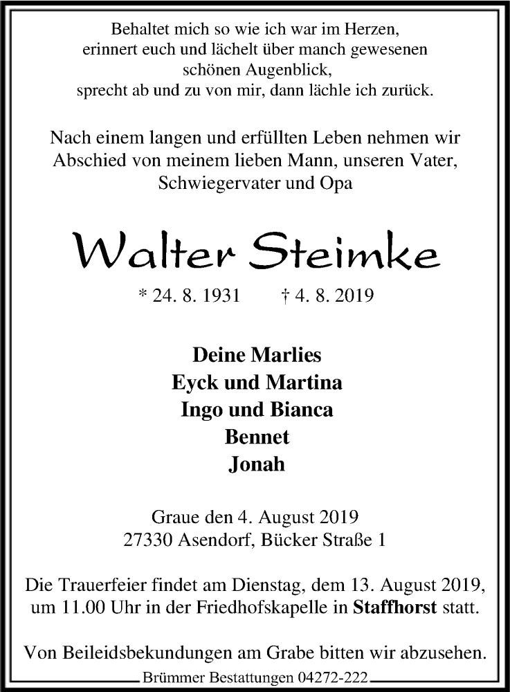  Traueranzeige für Walter Steimke vom 07.08.2019 aus SYK