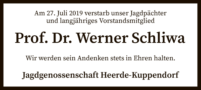  Traueranzeige für Werner Schliwa vom 19.08.2019 aus SYK