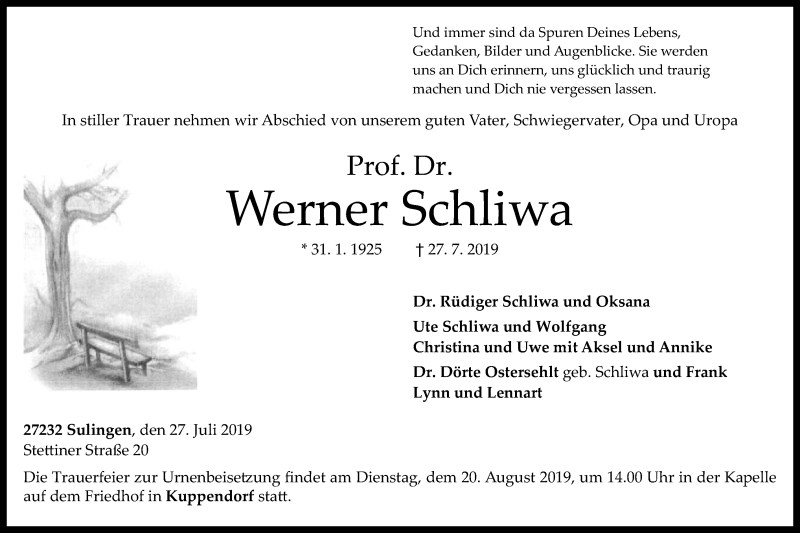  Traueranzeige für Werner Schliwa vom 17.08.2019 aus SYK