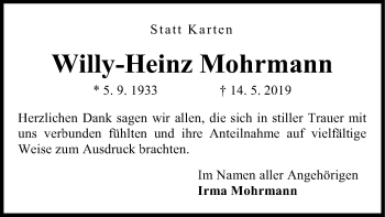 Traueranzeige von Willy-Heinz Mohrmann von SYK