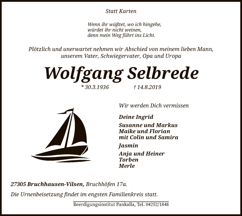  Traueranzeige für Wolfgang Selbrede vom 17.08.2019 aus SYK
