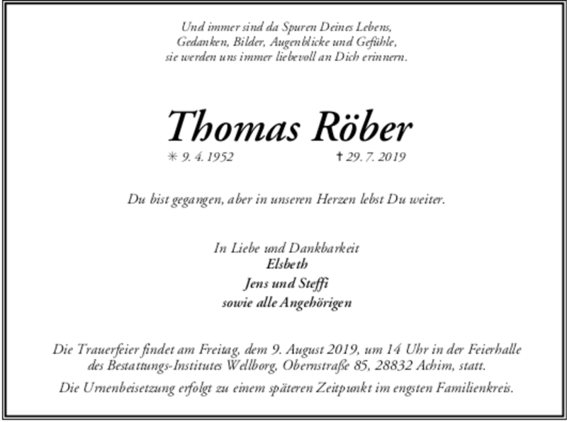  Traueranzeige für Thomas Röber vom 03.08.2019 aus SYK