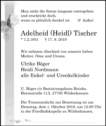Traueranzeige von Adelheid Tischer von SYK