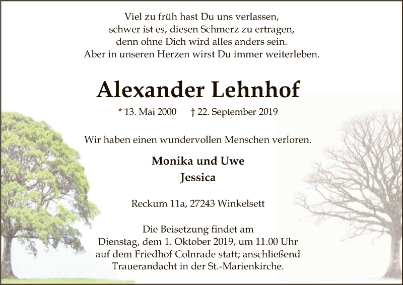  Traueranzeige für Alexander Lehnhof vom 27.09.2019 aus SYK
