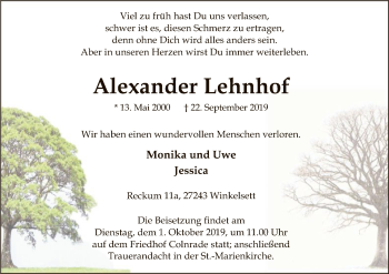 Traueranzeige von Alexander Lehnhof von SYK