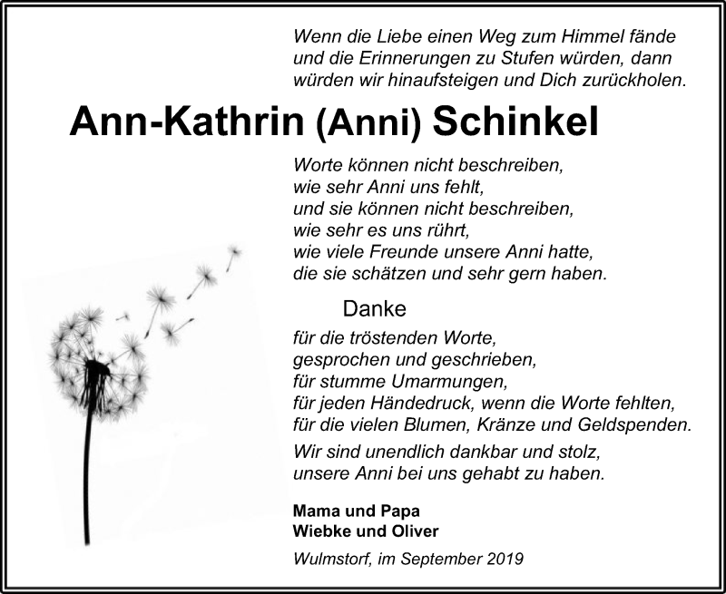  Traueranzeige für Ann-Kathrin Schinkel vom 27.09.2019 aus SYK