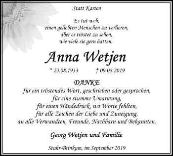 Traueranzeige von Anna Wetjen von SYK