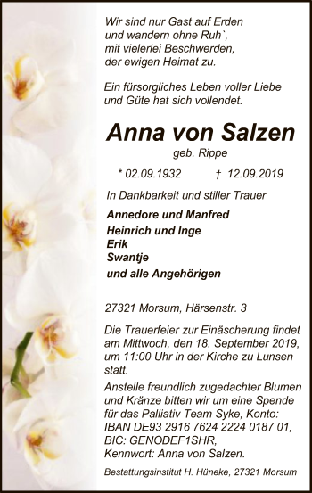 Traueranzeige von Anna  von Salzen von SYK