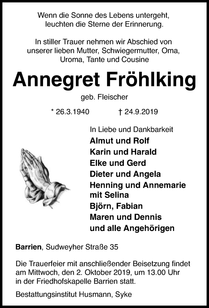  Traueranzeige für Annegret Fröhlking vom 28.09.2019 aus SYK